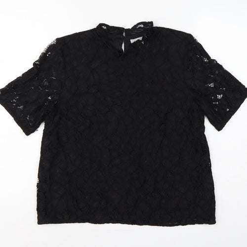 H&M Women Black UK 12 Lace High Neck Flutter Sleeve Blouse