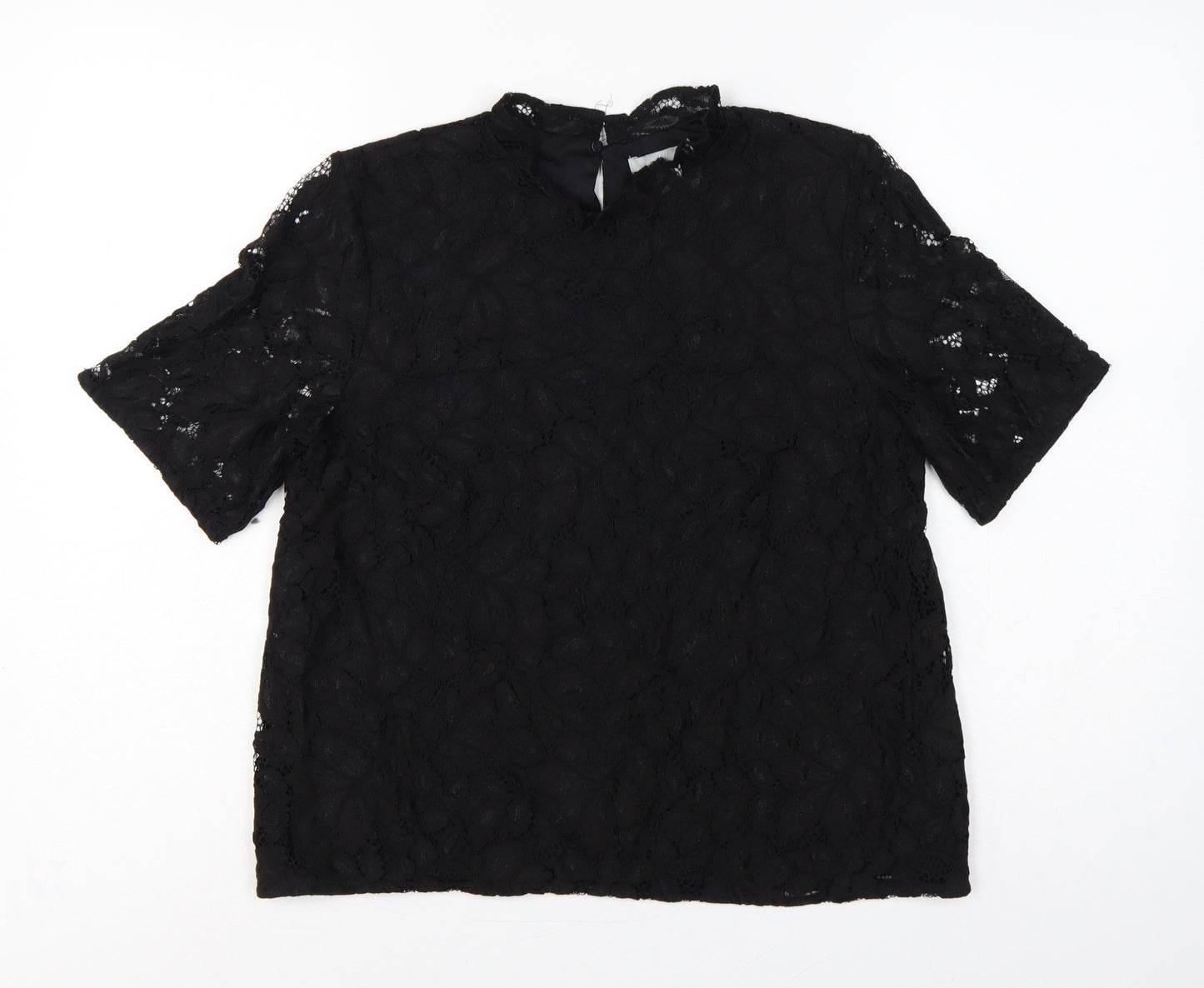 H&M Women Black UK 12 Lace High Neck Flutter Sleeve Blouse
