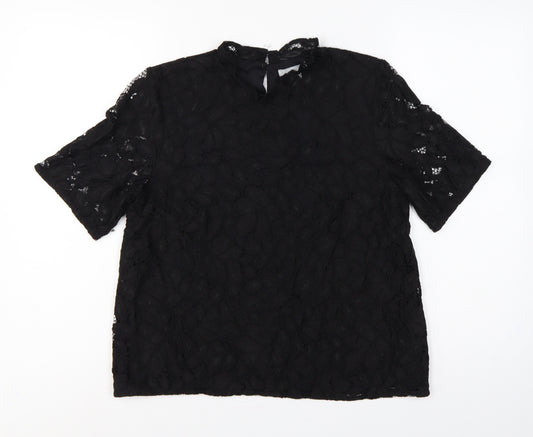 H&M Women Black UK 12 Lace High Neck Flutter Sleeve Blouse