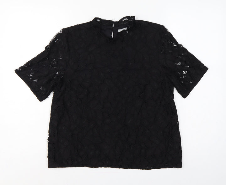 H&M Women Black UK 12 Lace High Neck Flutter Sleeve Blouse