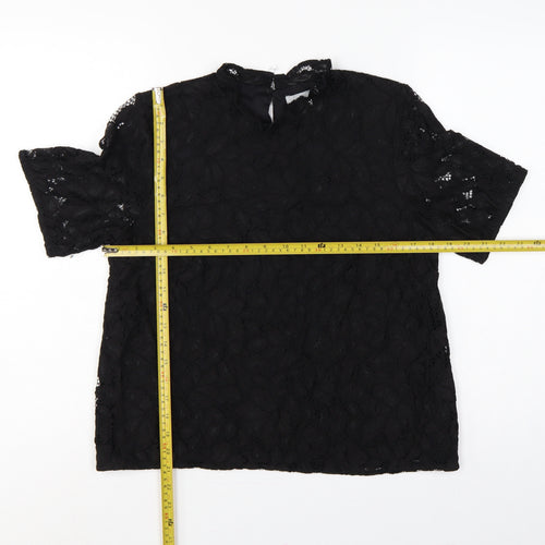 H&M Women Black UK 12 Lace High Neck Flutter Sleeve Blouse