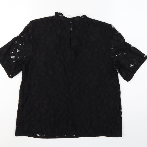 H&M Women Black UK 12 Lace High Neck Flutter Sleeve Blouse