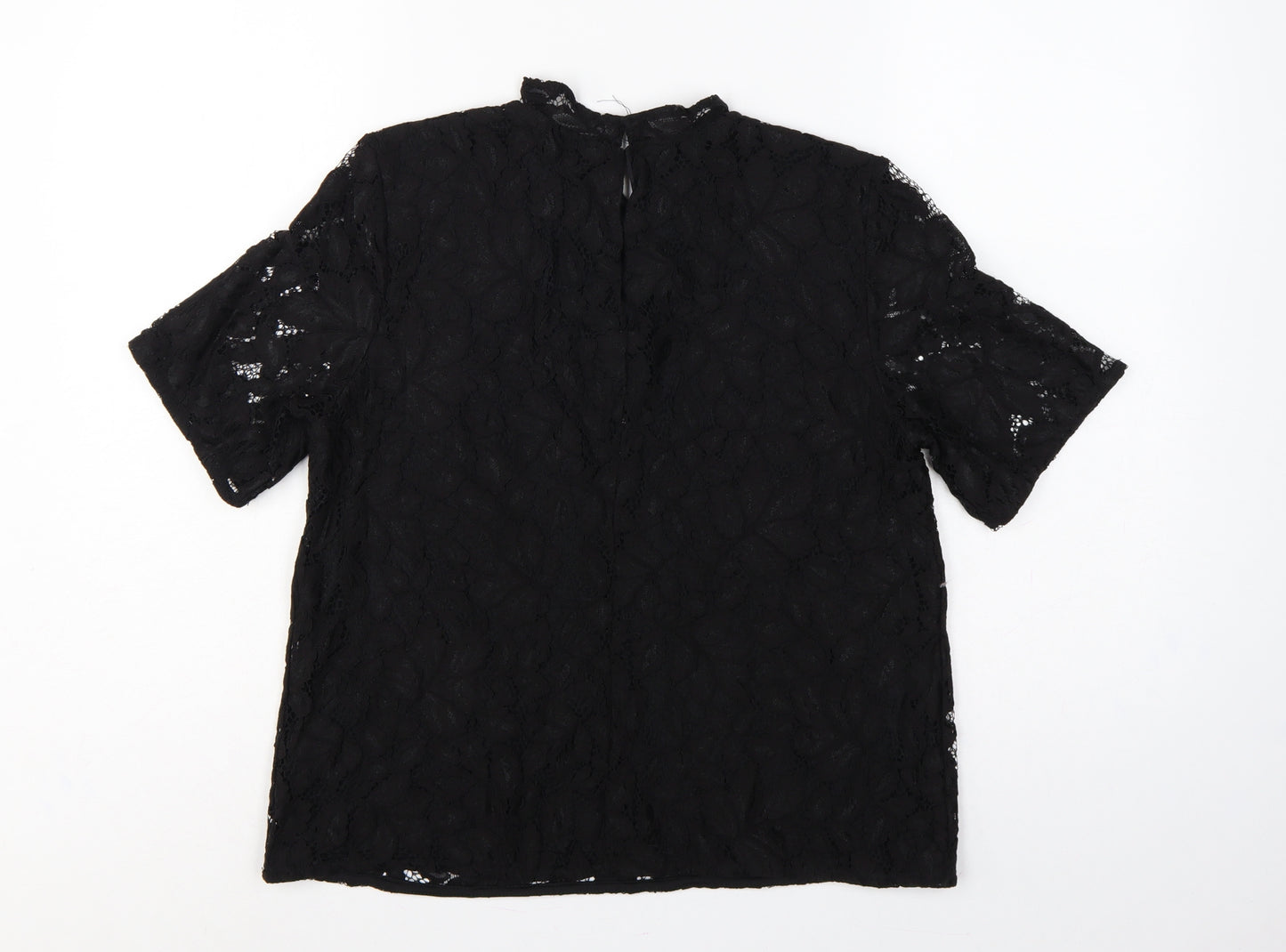 H&M Women Black UK 12 Lace High Neck Flutter Sleeve Blouse