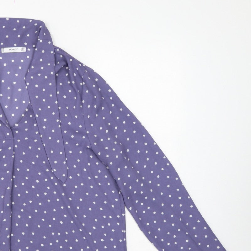 Mango Women Purple Polka Dot Wrap Tie Neck Long Sleeve Blouse M