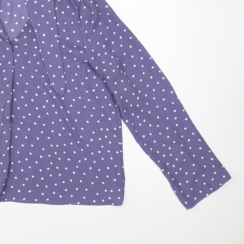 Mango Women Purple Polka Dot Wrap Tie Neck Long Sleeve Blouse M