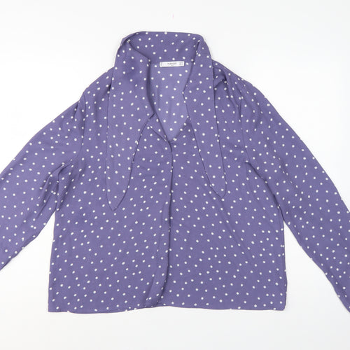 Mango Women Purple Polka Dot Wrap Tie Neck Long Sleeve Blouse M
