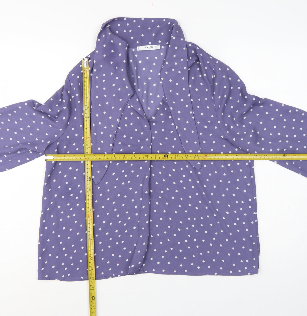 Mango Women Purple Polka Dot Wrap Tie Neck Long Sleeve Blouse M