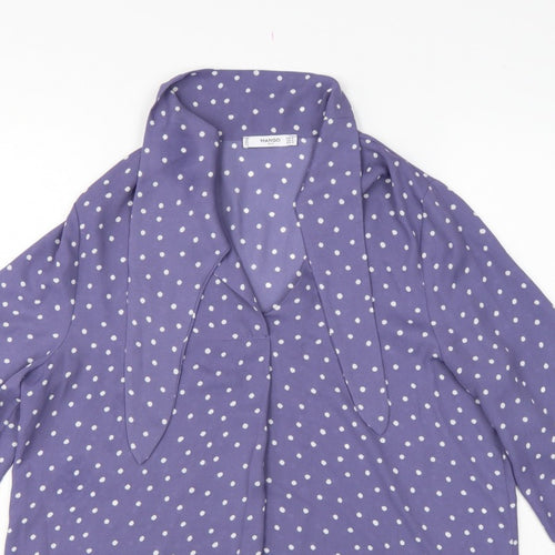 Mango Women Purple Polka Dot Wrap Tie Neck Long Sleeve Blouse M
