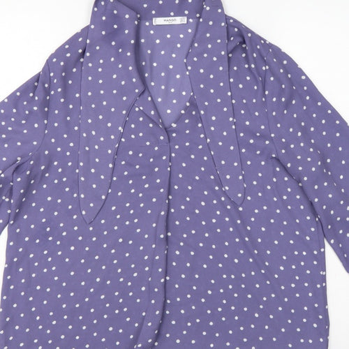 Mango Women Purple Polka Dot Wrap Tie Neck Long Sleeve Blouse M