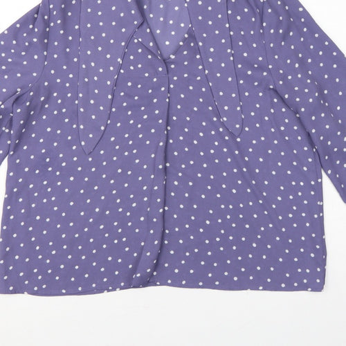 Mango Women Purple Polka Dot Wrap Tie Neck Long Sleeve Blouse M
