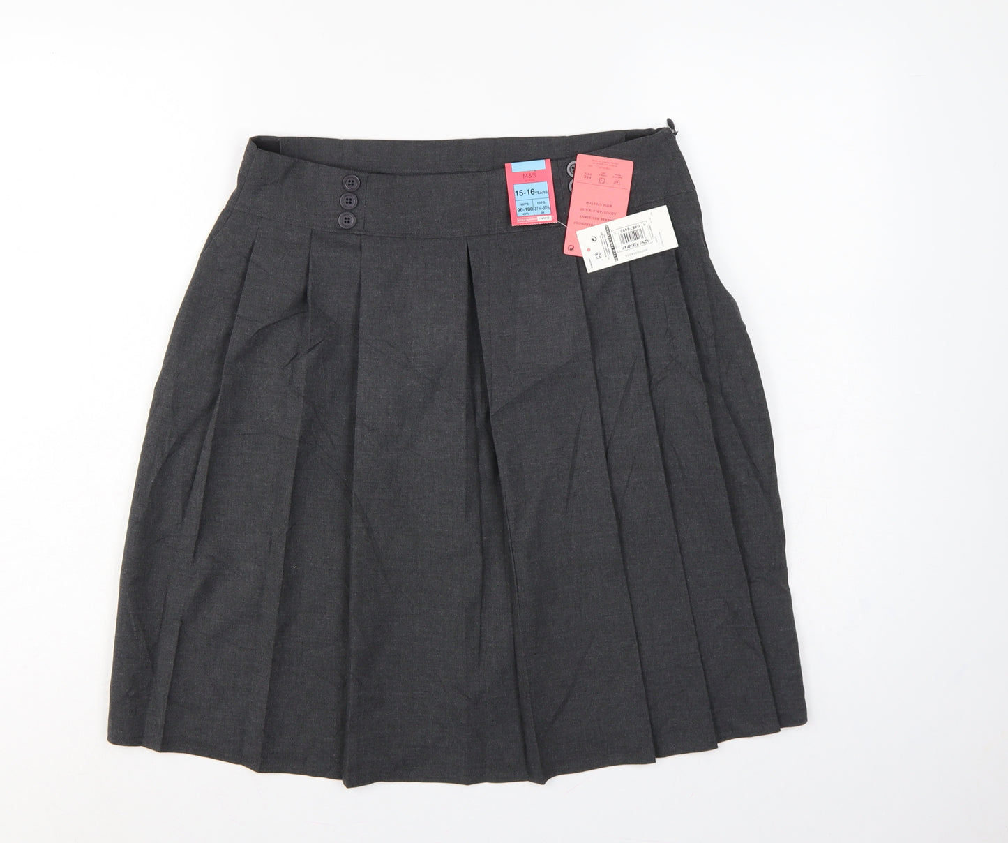 M&S Girls Grey School Pleated Skirt 15-16 Years Button Front NWT