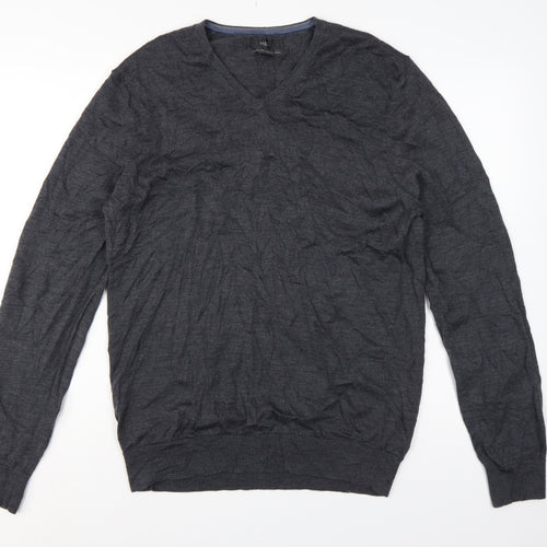 Marks and Spencer Men's Grey L Merino Wool V-Neck Pullover Jumper