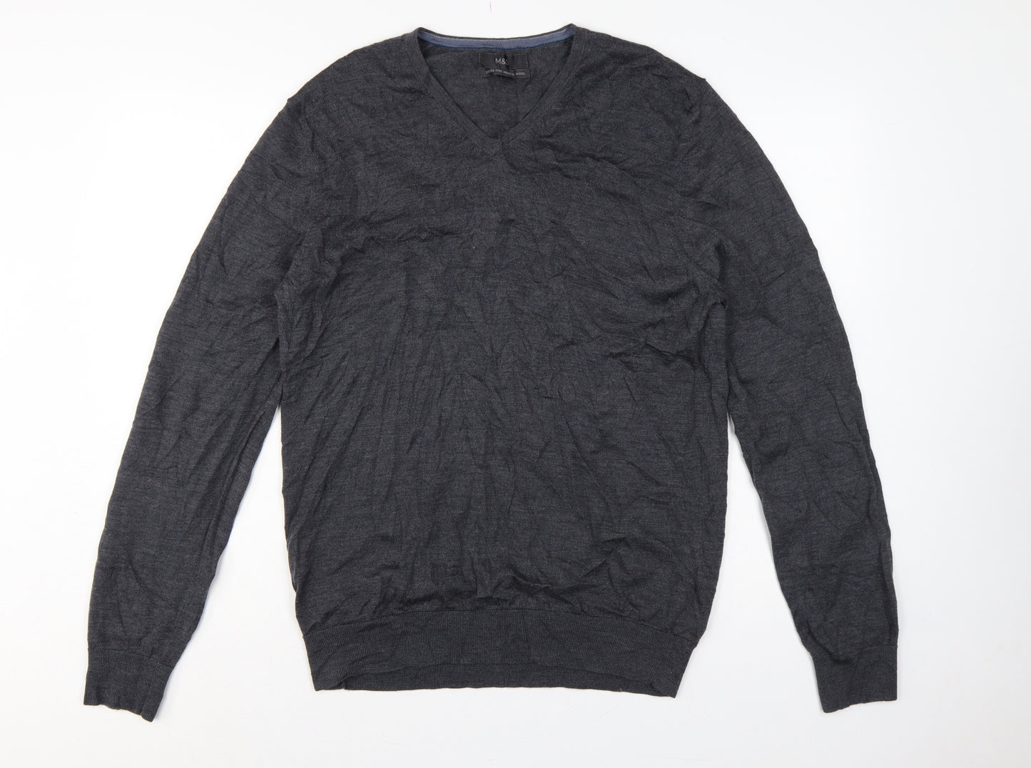 Marks and Spencer Men's Grey L Merino Wool V-Neck Pullover Jumper