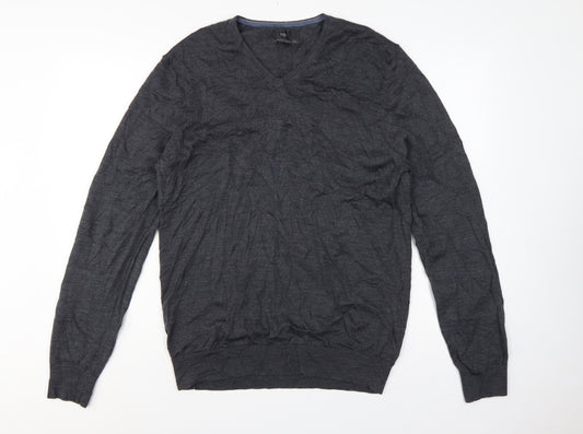 Marks and Spencer Men's Grey L Merino Wool V-Neck Pullover Jumper