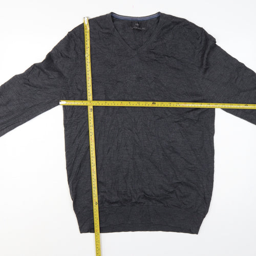 Marks and Spencer Men's Grey L Merino Wool V-Neck Pullover Jumper