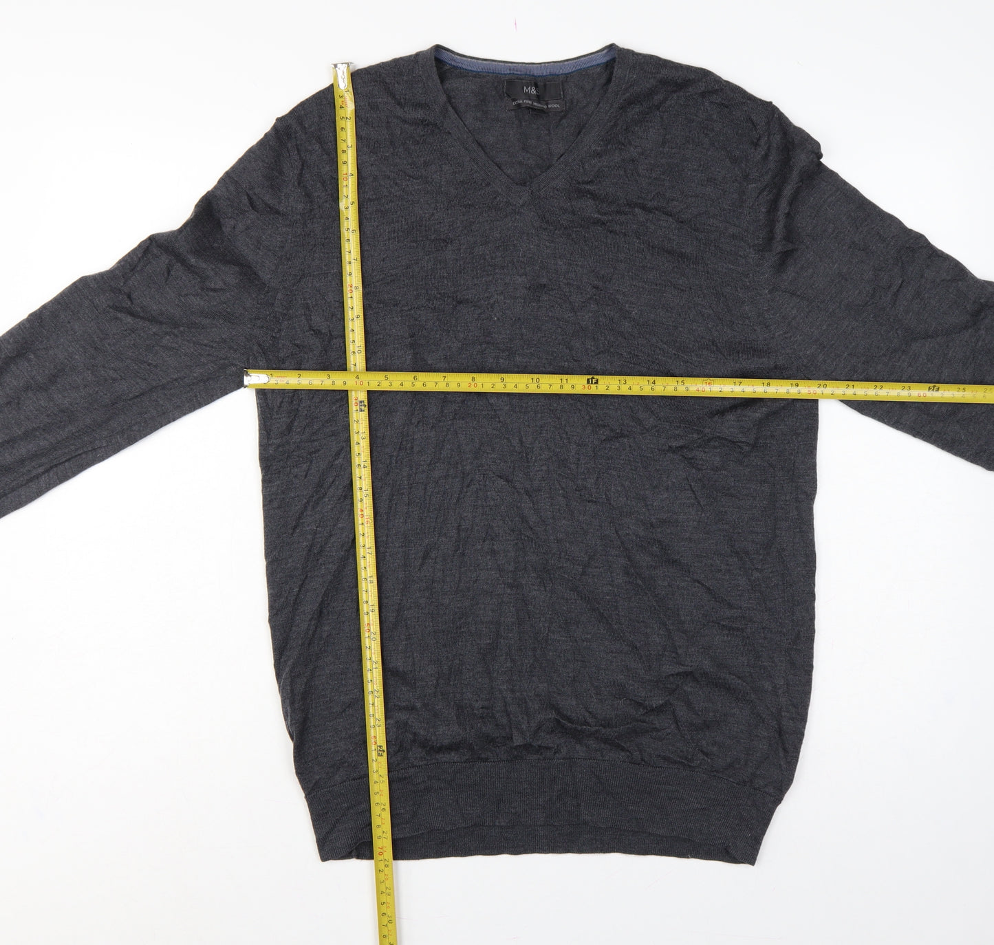 Marks and Spencer Men's Grey L Merino Wool V-Neck Pullover Jumper