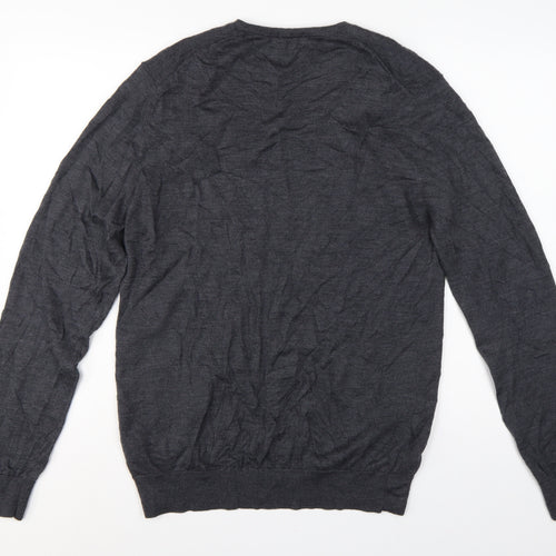 Marks and Spencer Men's Grey L Merino Wool V-Neck Pullover Jumper