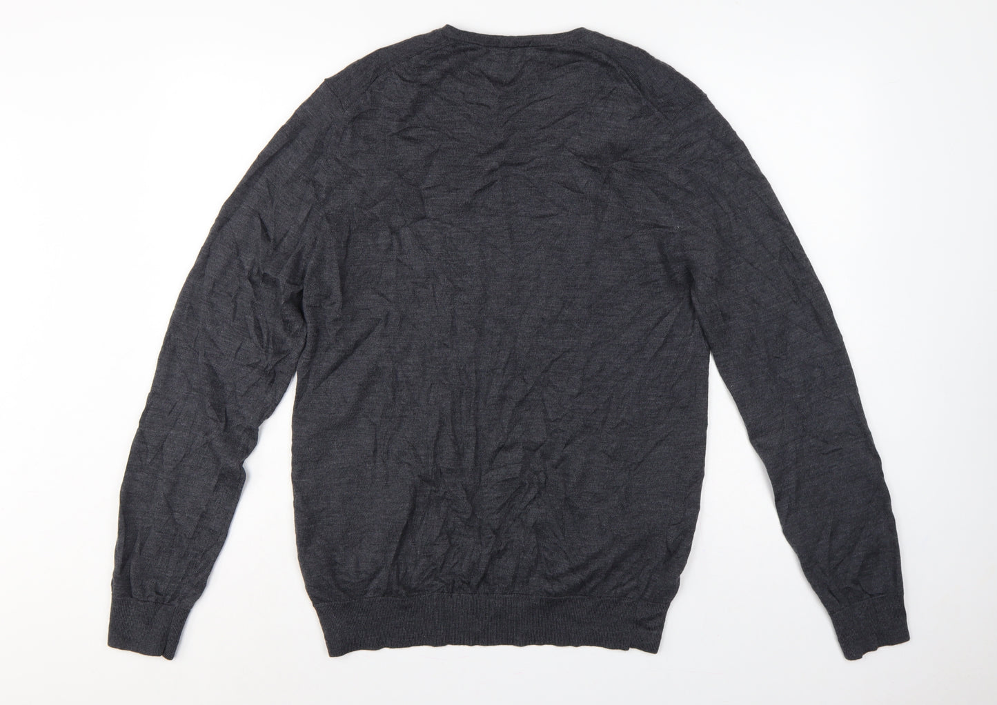 Marks and Spencer Men's Grey L Merino Wool V-Neck Pullover Jumper