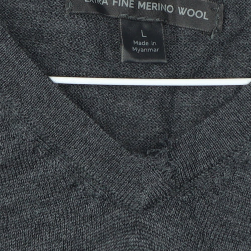 Marks and Spencer Men's Grey L Merino Wool V-Neck Pullover Jumper