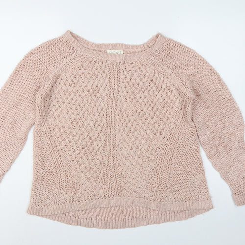 Next Women Pink UK 14 Open Knit Crew Neck Raglan Jumper