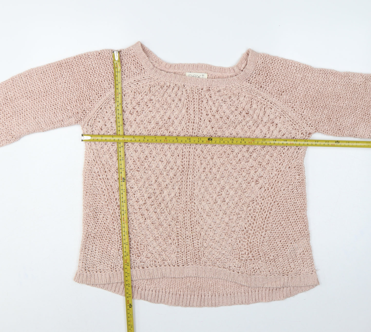 Next Women Pink UK 14 Open Knit Crew Neck Raglan Jumper