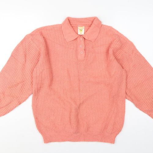 Clockhouse Teens Pink UK 10 Collared Henley Chunky Knit Jumper Vintage