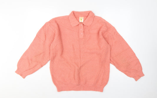Clockhouse Teens Pink UK 10 Collared Henley Chunky Knit Jumper Vintage