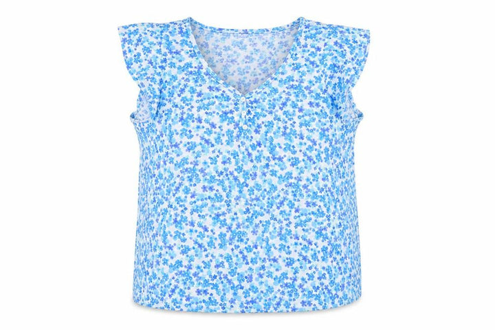 Front view of Dunnes Women Blue Floral XL Sleeveless V-Neck Button Tank Top
