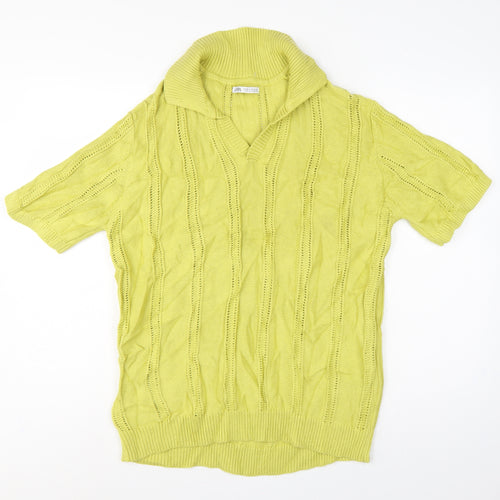 Zara Women Yellow UK 12 Collared Short Sleeve Cotton Knit Jumper