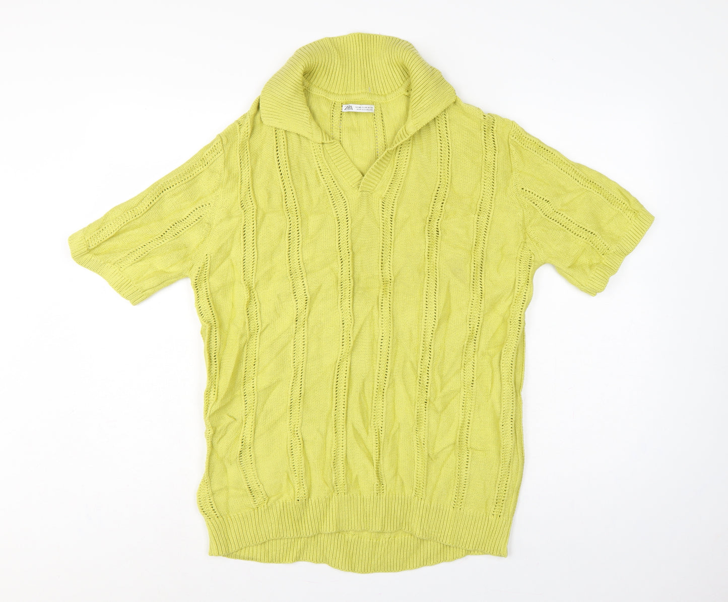 Zara Women Yellow UK 12 Collared Short Sleeve Cotton Knit Jumper
