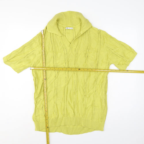 Zara Women Yellow UK 12 Collared Short Sleeve Cotton Knit Jumper