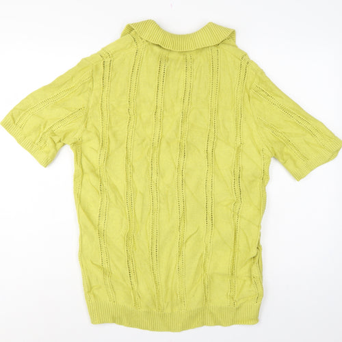 Zara Women Yellow UK 12 Collared Short Sleeve Cotton Knit Jumper