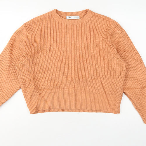 Zara Women Orange L Ribbed Chunky Knit Crew Neck Pullover Jumper