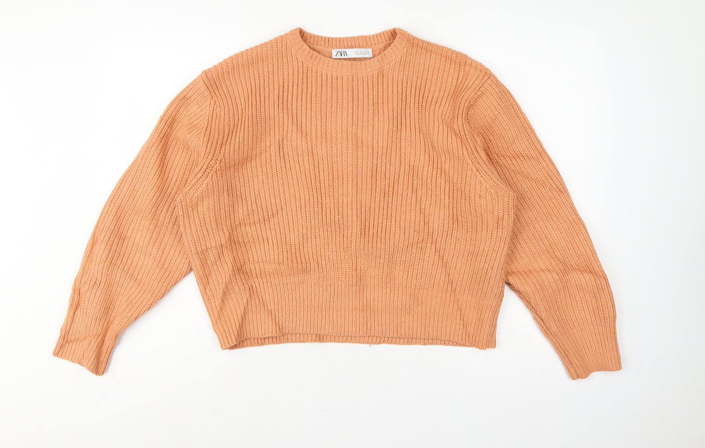 Zara Women Orange L Ribbed Chunky Knit Crew Neck Pullover Jumper