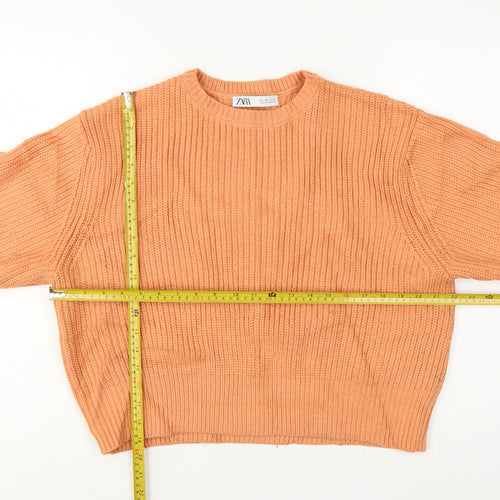 Zara Women Orange L Ribbed Chunky Knit Crew Neck Pullover Jumper
