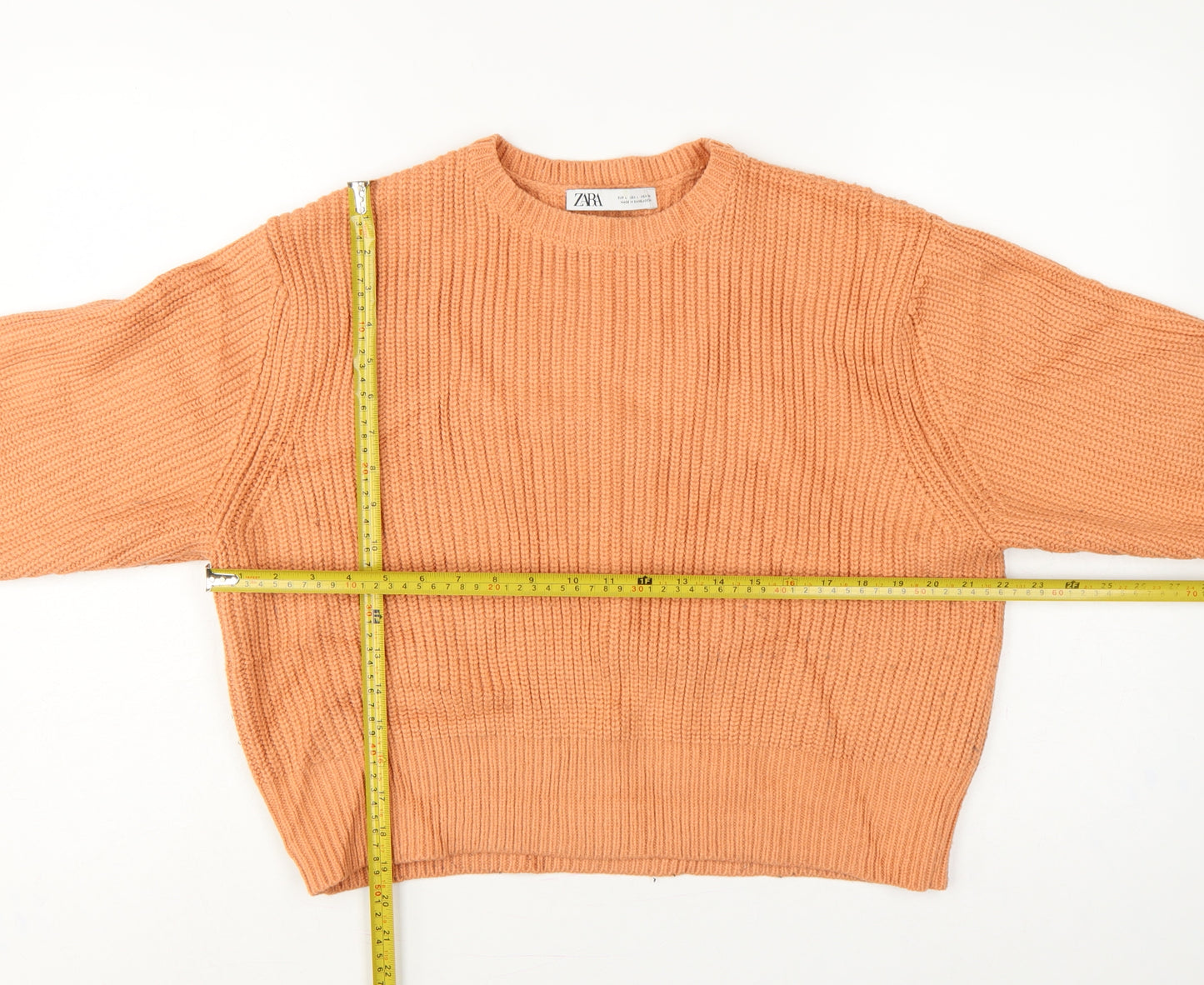 Zara Women Orange L Ribbed Chunky Knit Crew Neck Pullover Jumper