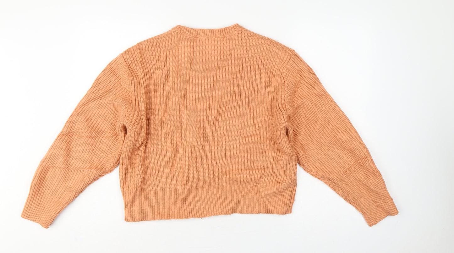 Zara Women Orange L Ribbed Chunky Knit Crew Neck Pullover Jumper