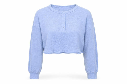 Hollister Women Blue M Cropped Knit Henley Long Sleeve Top
