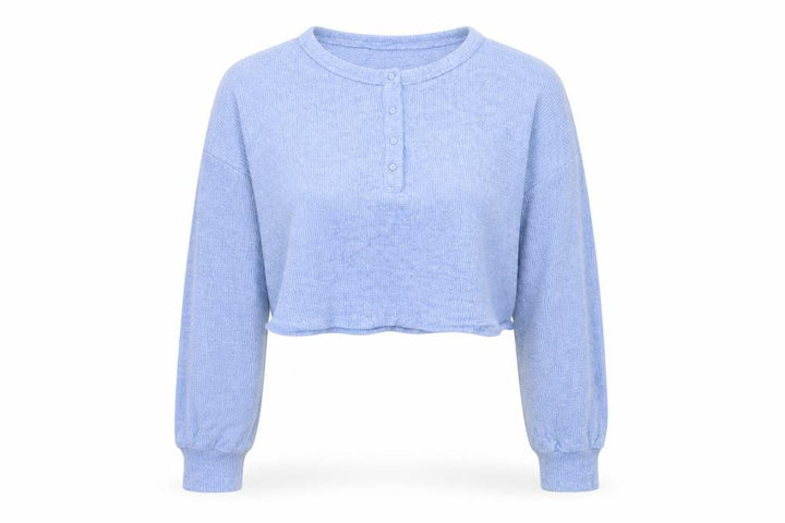 Hollister Women Blue M Cropped Knit Henley Long Sleeve Top