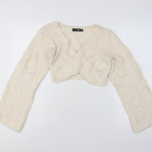 Misse x Misspap Women Ivory UK 10 Fuzzy Knit V-Neck Long Sleeve Shrug