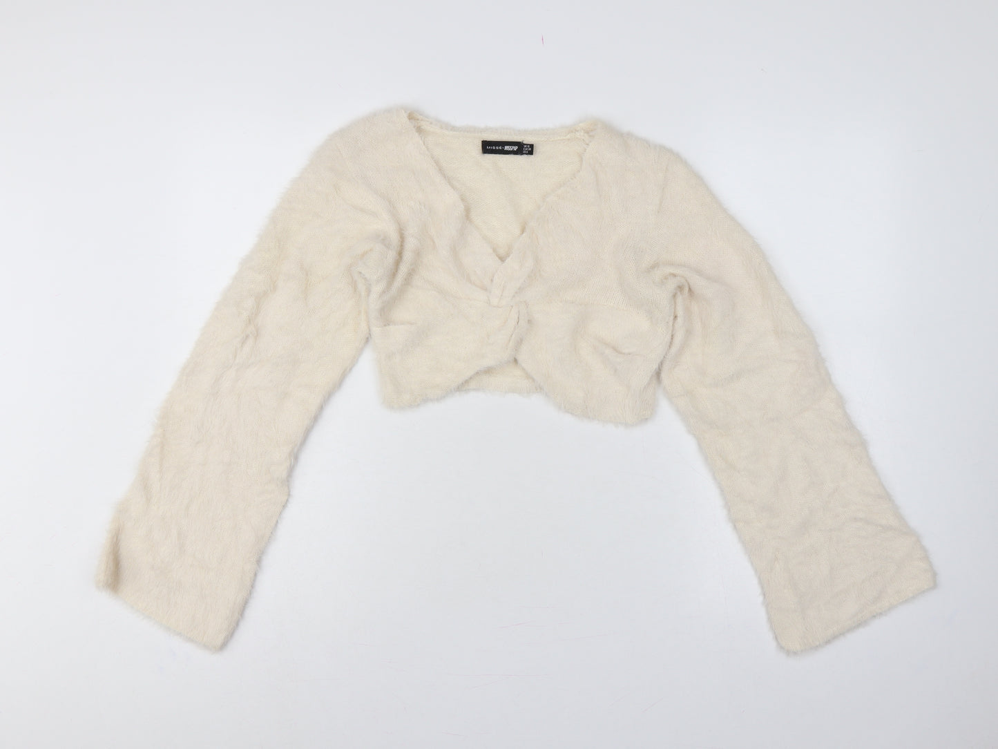 Misse x Misspap Women Ivory UK 10 Fuzzy Knit V-Neck Long Sleeve Shrug