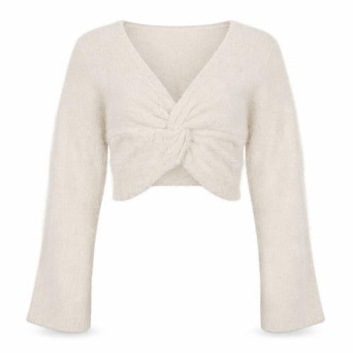 Misse x Misspap Women Ivory UK 10 Fuzzy Knit V-Neck Long Sleeve Shrug