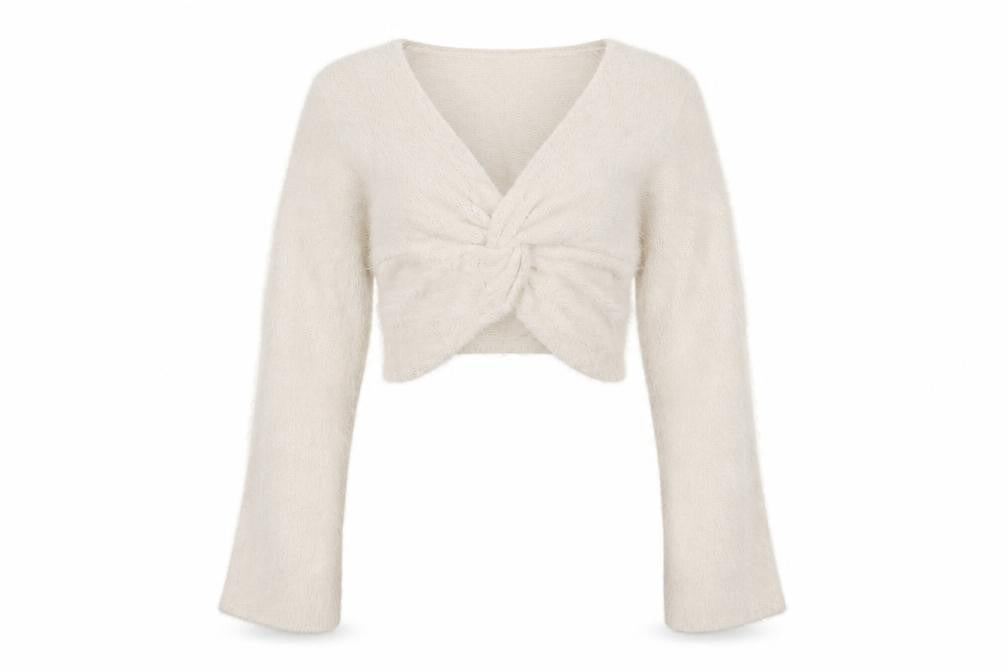 Misse x Misspap Women Ivory UK 10 Fuzzy Knit V-Neck Long Sleeve Shrug