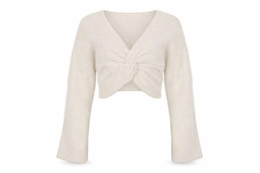 Misse x Misspap Women Ivory UK 10 Fuzzy Knit V-Neck Long Sleeve Shrug