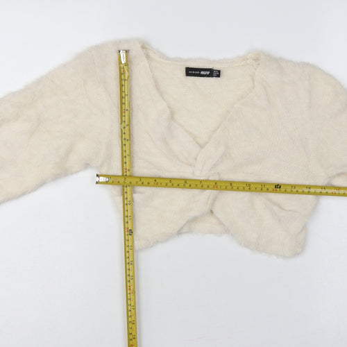 Misse x Misspap Women Ivory UK 10 Fuzzy Knit V-Neck Long Sleeve Shrug
