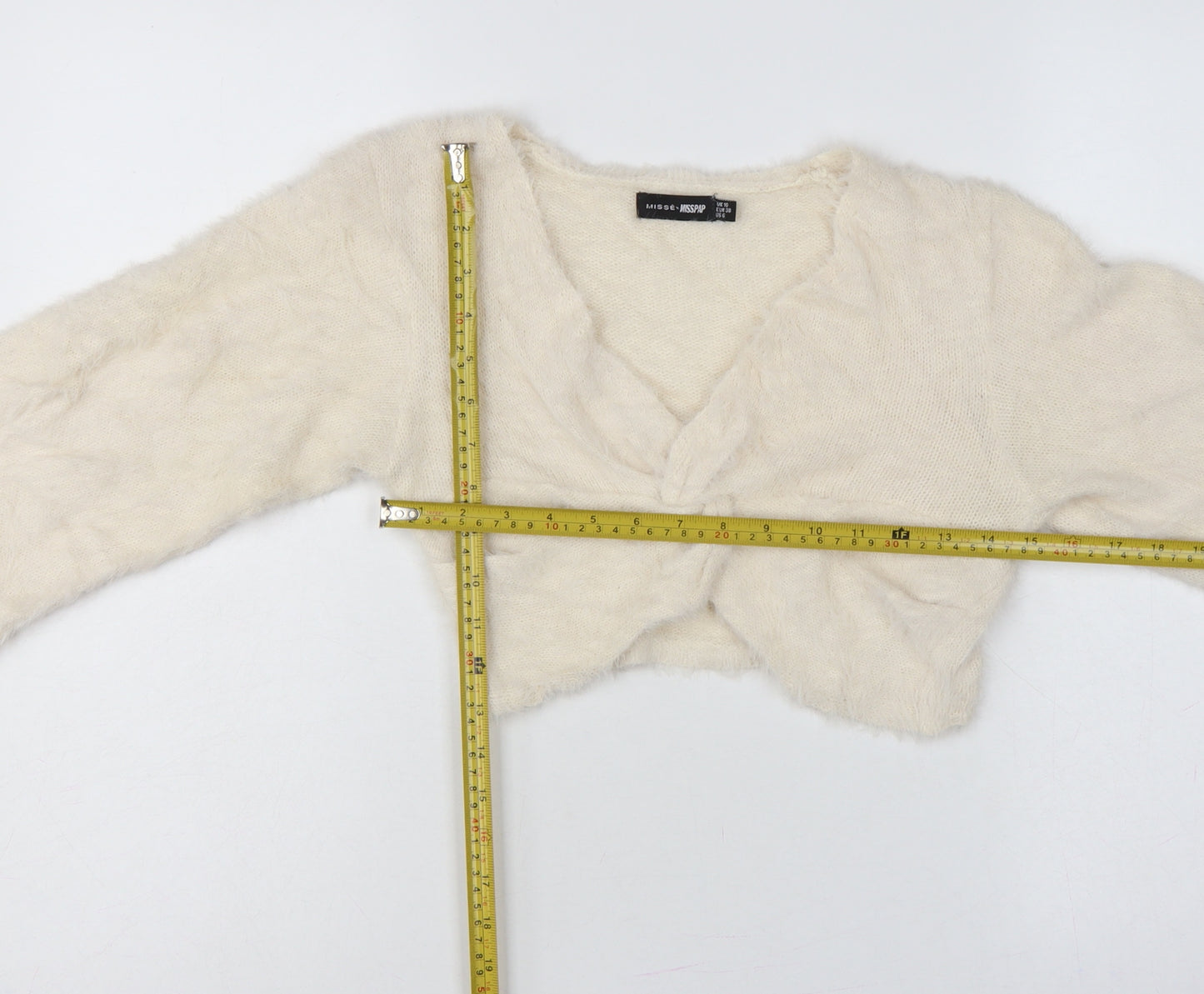 Misse x Misspap Women Ivory UK 10 Fuzzy Knit V-Neck Long Sleeve Shrug
