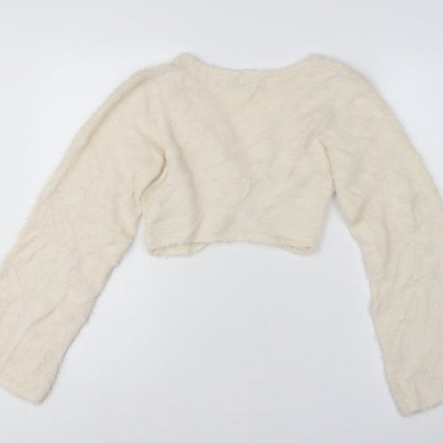 Misse x Misspap Women Ivory UK 10 Fuzzy Knit V-Neck Long Sleeve Shrug