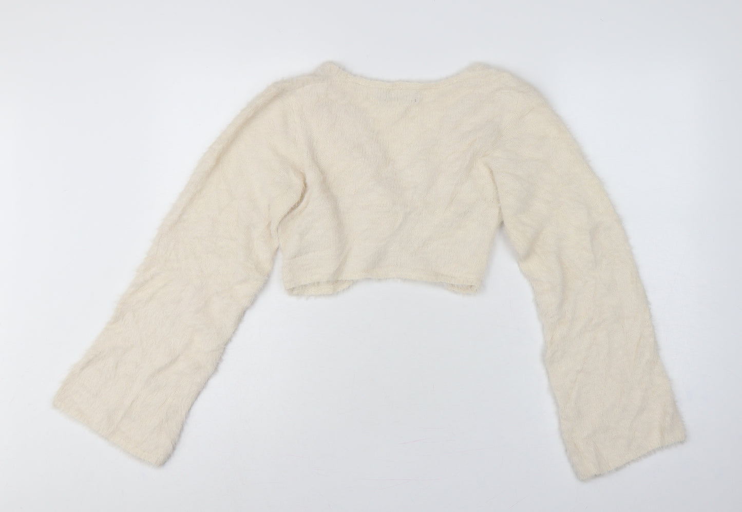 Misse x Misspap Women Ivory UK 10 Fuzzy Knit V-Neck Long Sleeve Shrug