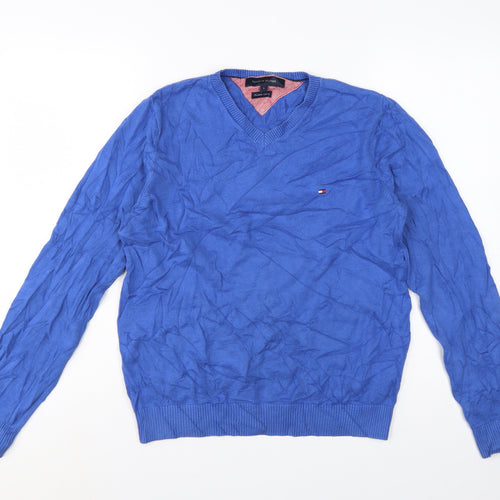 Tommy Hilfiger Men’s Blue S V-Neck Premium Cotton Logo Jumper