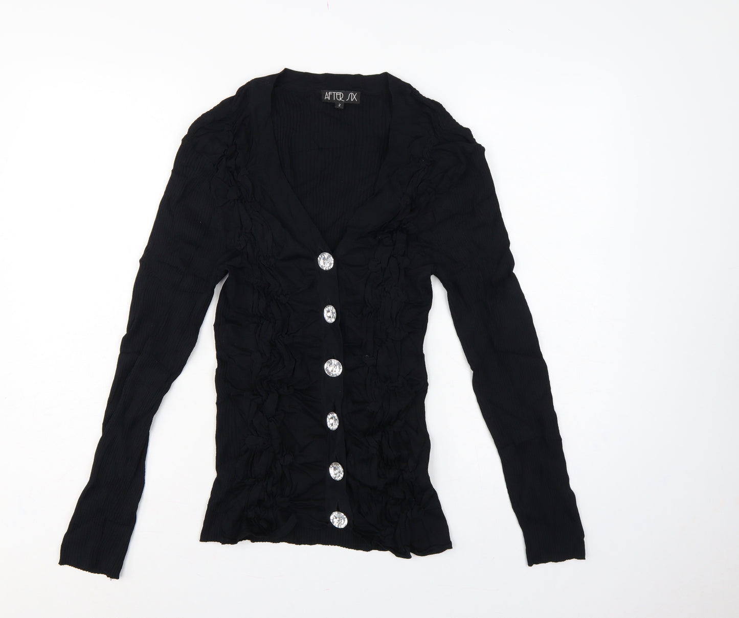 After Six Women’s Black Size 2 V-Neck Ruffle Rhinestone Cardigan